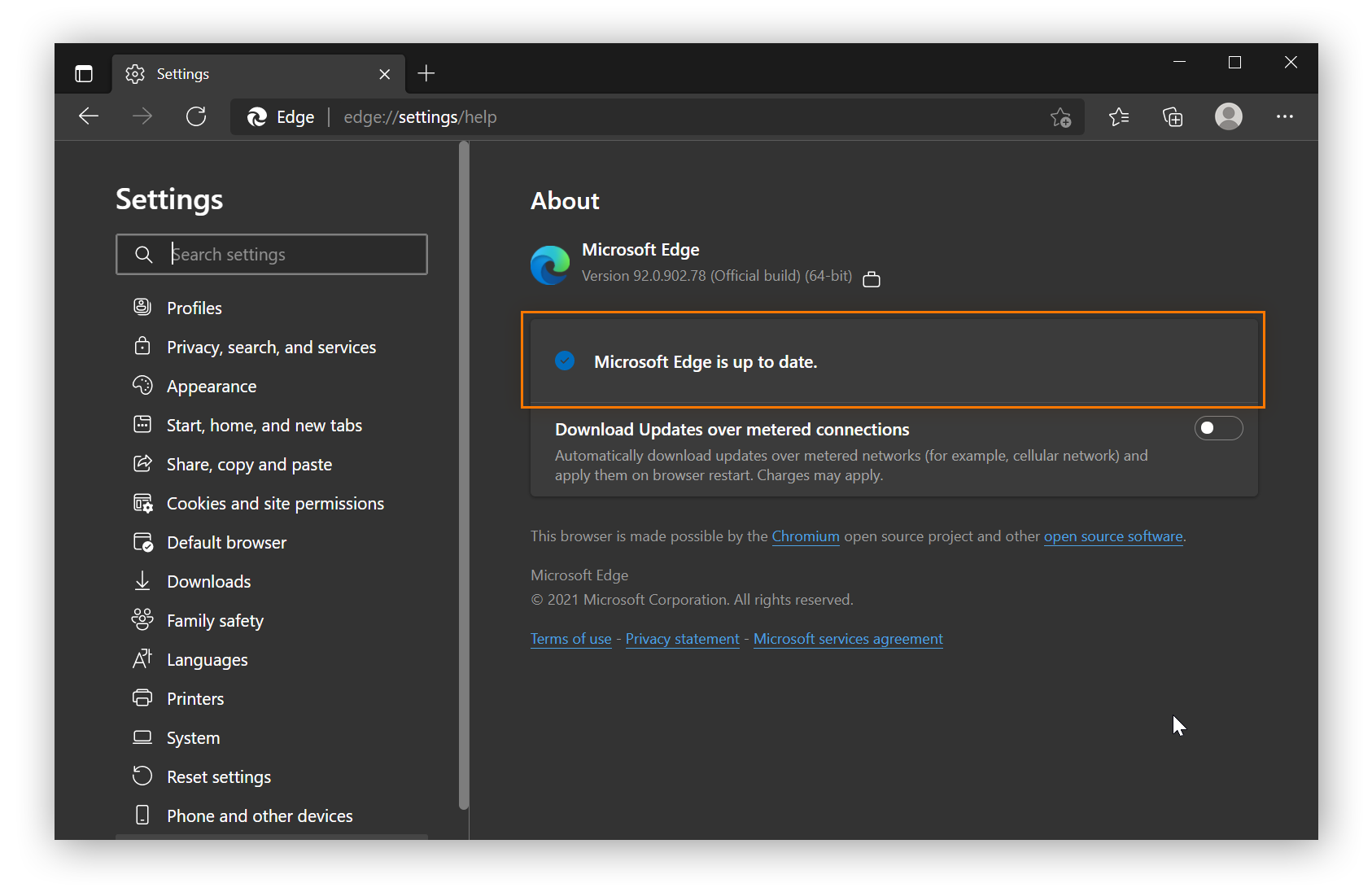 A screenshot of Microsoft Edge's updates menu, which shows that Microsoft Edge is up to date.